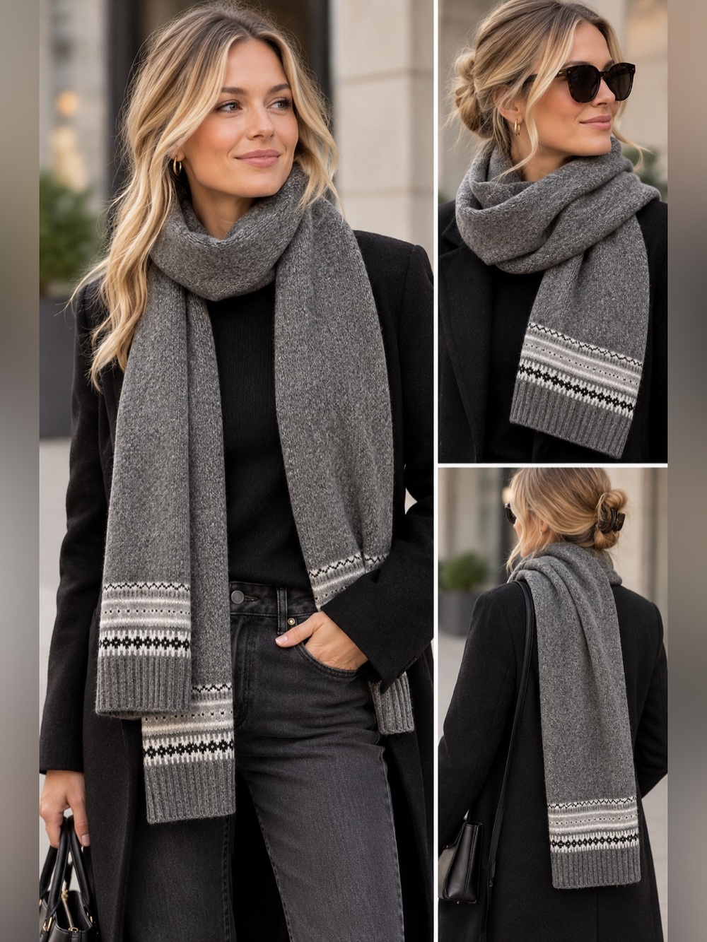 Elegant Gray Knit Scarf with Fair Isle Trim - Women Accessories